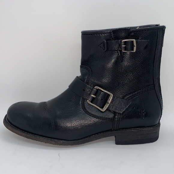 Frye Leather Ankle Moto Boots Black 8 Bikercore Strappy Buckle Zip Up - Picture 2 of 16